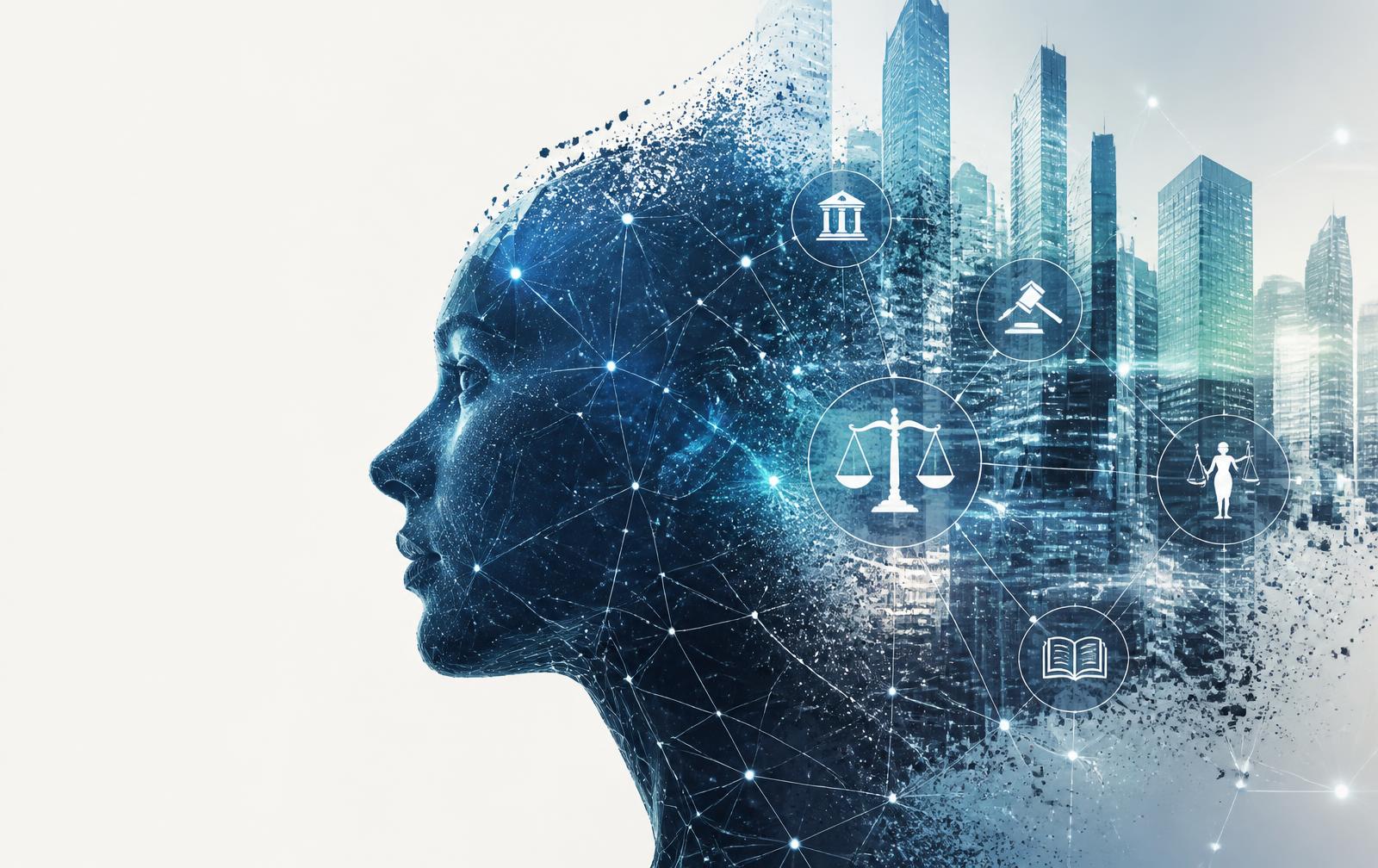 Silueta digital de un rostro conectada a iconografía jurídica